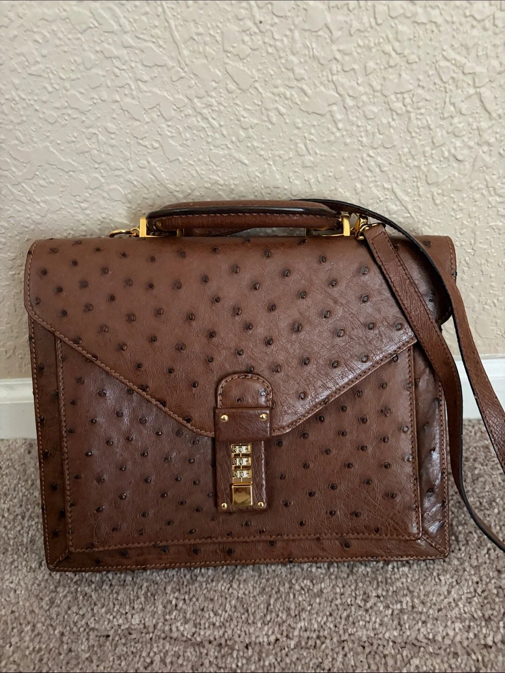 Lorenzi Brown Ostrich Leather Top-Handle Crossbody Bag made in Italy like new